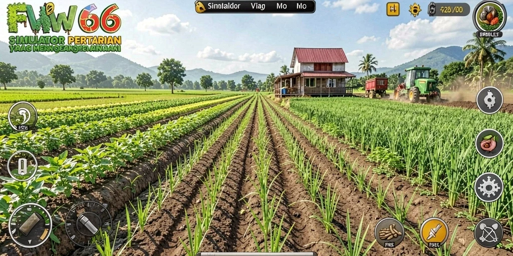 Screenshot gameplay menunjukkan petani sedang merawat tanaman dengan grafis yang indah.