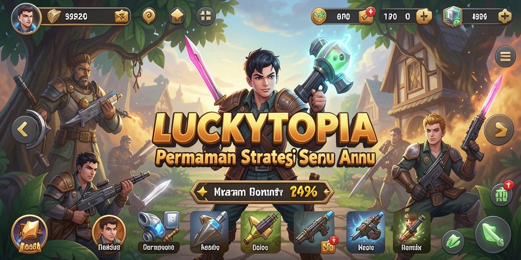Screenshot gameplay LUCKYTOPIA menampilkan pertempuran strategis intens.