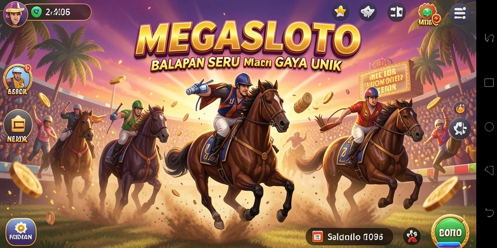 Gameplay Racing seru di MEGASLOTO dengan kendaraan cepat dan trek menantang.