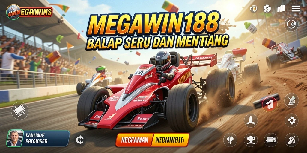 Screenshot gameplay MEGAWIN188 yang menampilkan balapan seru di trek yang menantang.
